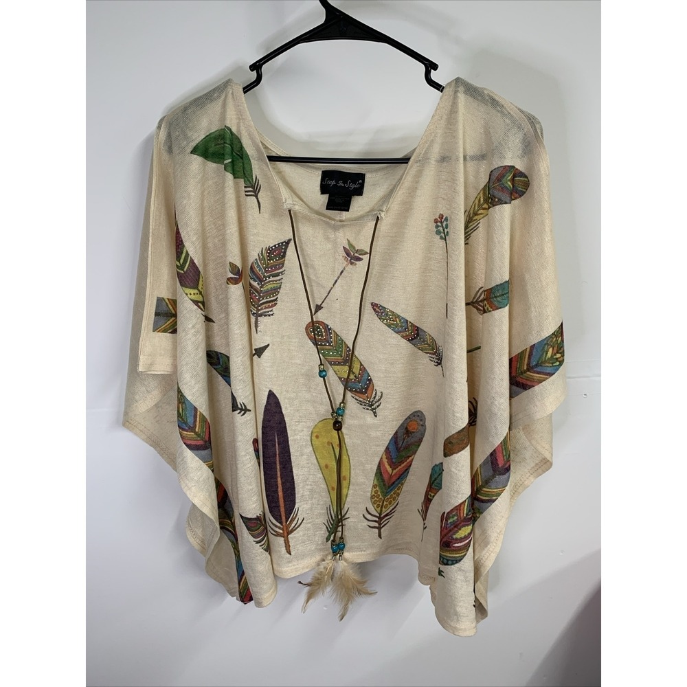 Step‎ in Style Womens Large Top Boho Bedazzle Accents Feather Tie Front Cream